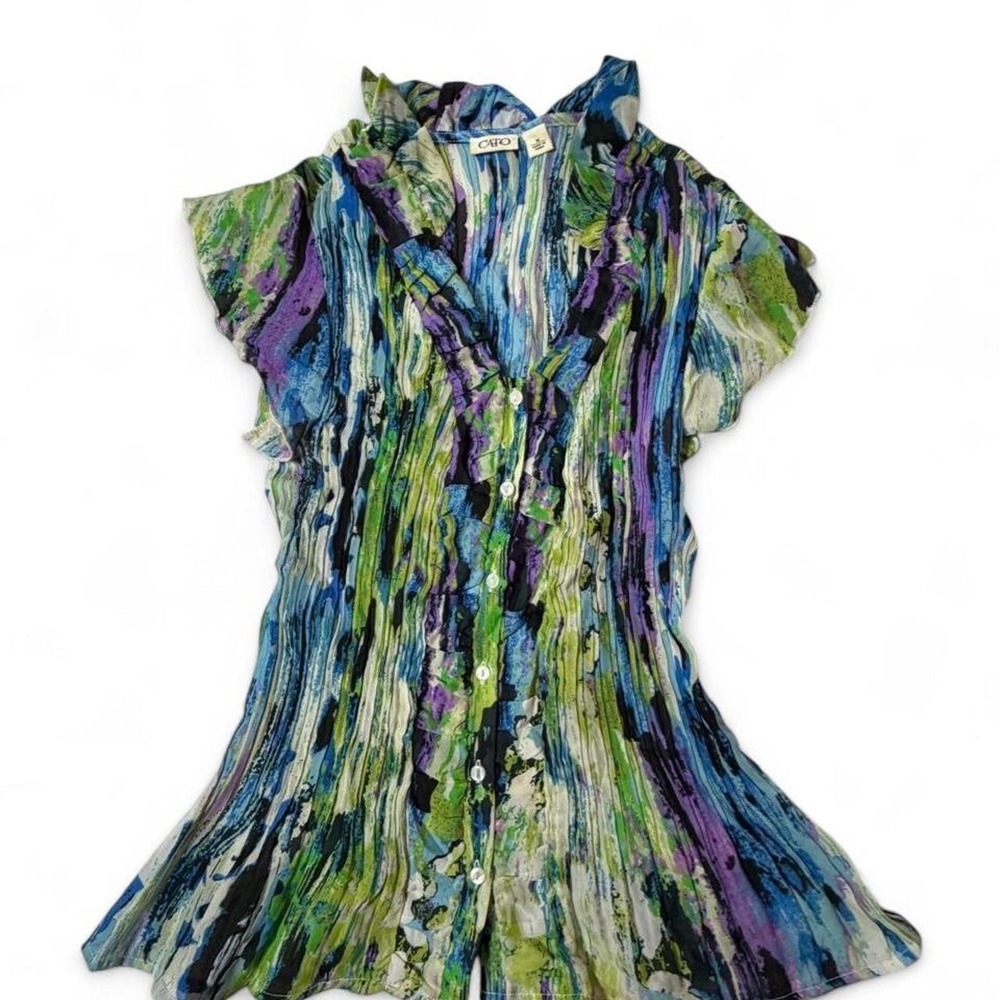 Vintage Y2K Cato Indie Sleaze Watercolor Abstract Plisse Ruffle mBlouse